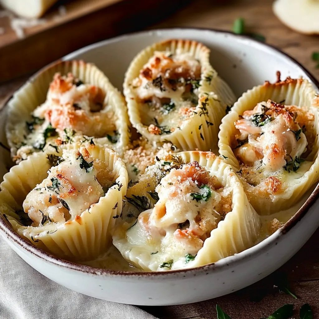 Cremige, mit Meeresfrüchten gefüllte Muschelnudeln