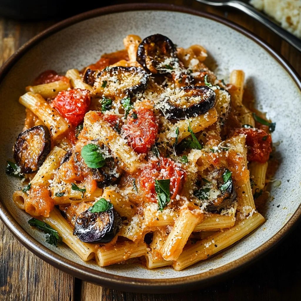 Pasta mit Aubergine, zongedroogde tomaten und ricotta