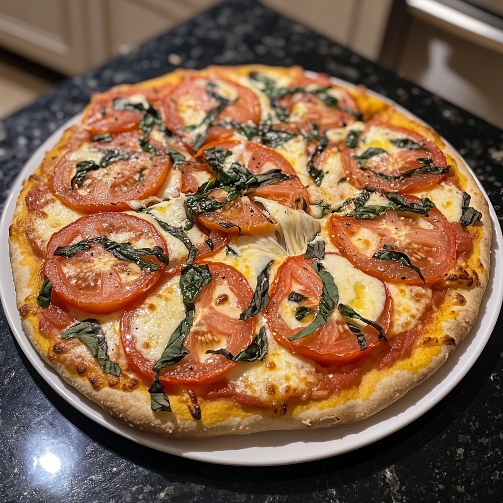 Pizza mit Mozzarella und Tomaten